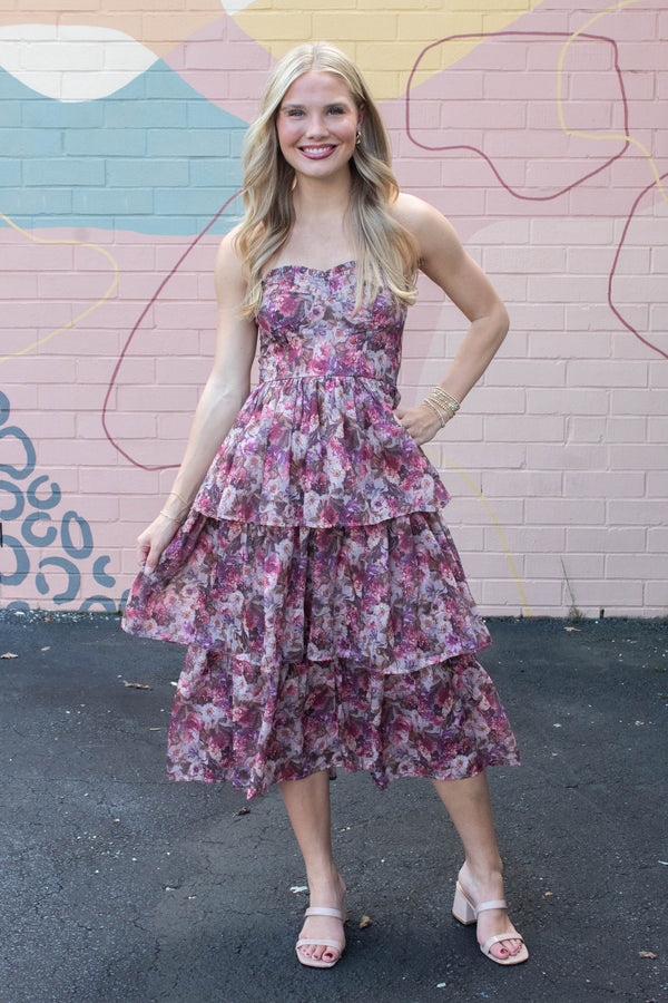 Scottie Tiered Ruffle Dress, Beige/Pink Floral