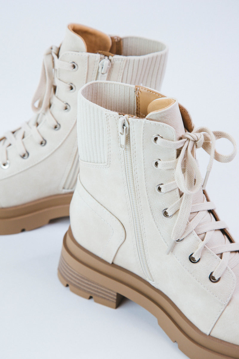 Amina Lace Up Rib Detail Combat Boot, Beige
