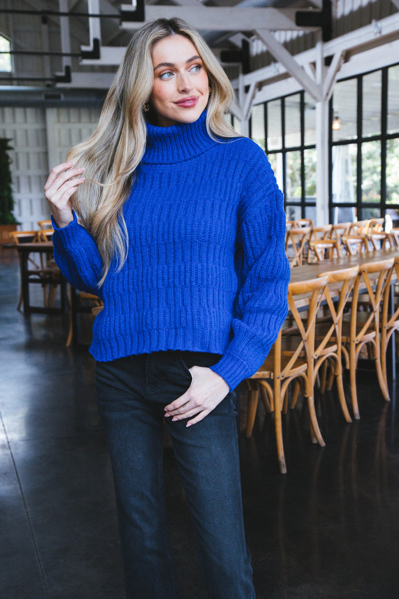 Gwen Turtleneck Bubble-Sleeve Sweater, Royal Blue