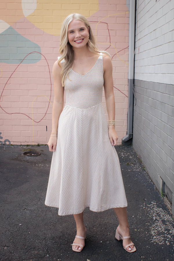 Eve Smocked Bodice Striped Dress, Taupe