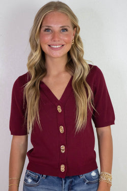 Harlow Gold Twist Lock Button Top, Burgundy