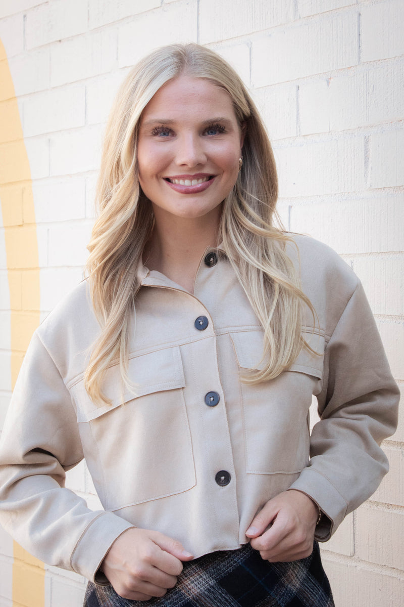 Monet Faux Suede Short Jacket, Sand Taupe
