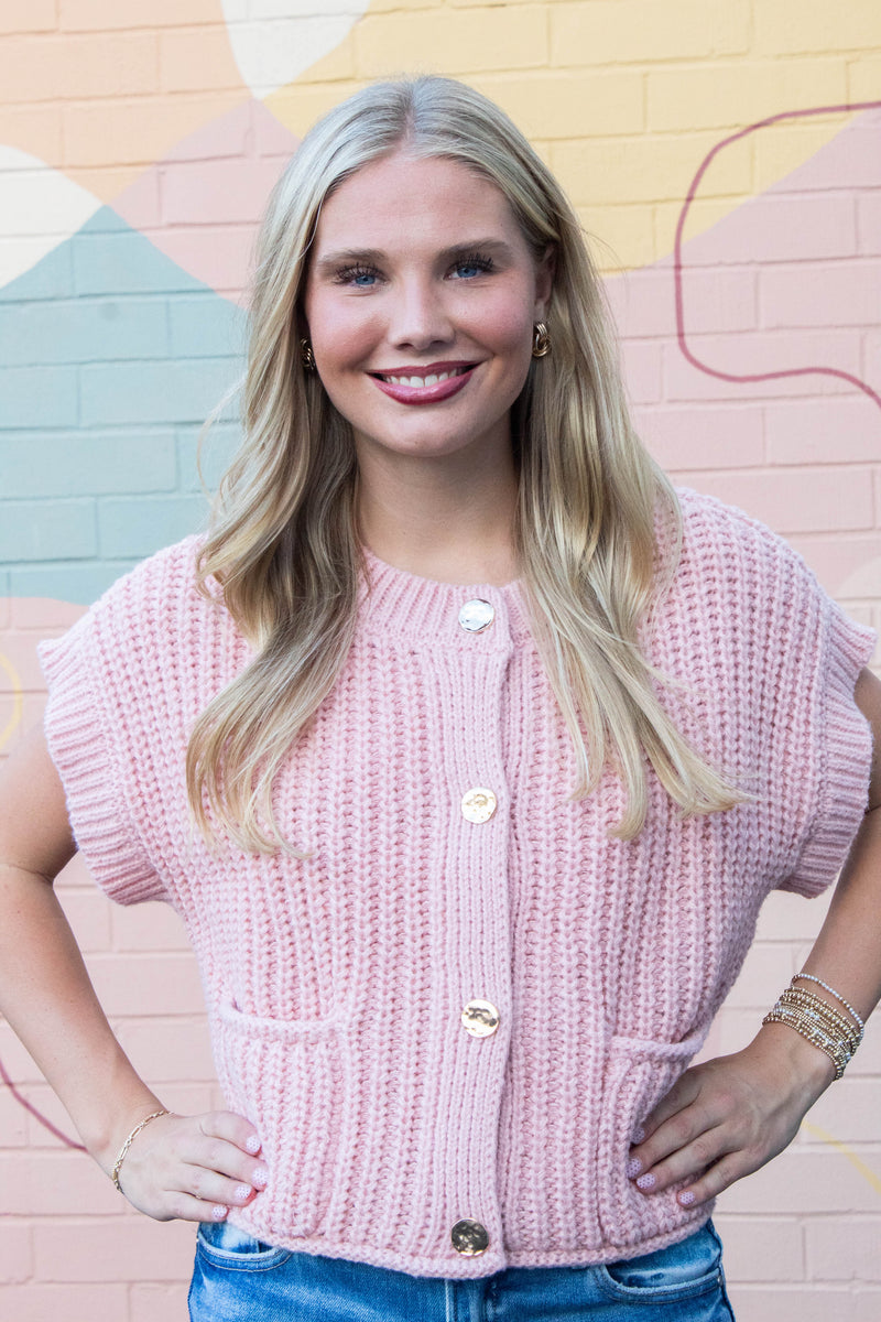 Dorothea Chunky Button Down Sweater, Blush