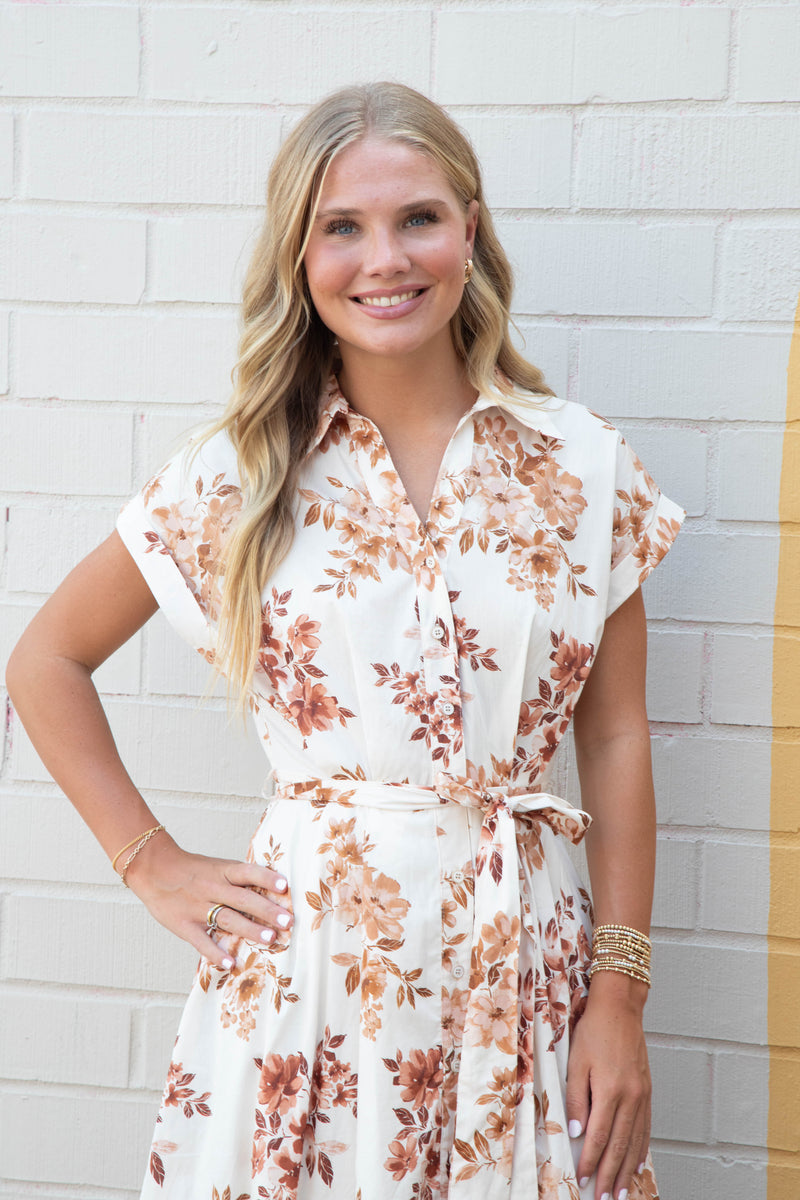 Romina Floral Button Down Dress, Ivory Brown