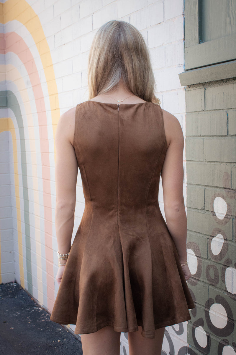 Indi Faux Suede Flare Dress, Camel Brown