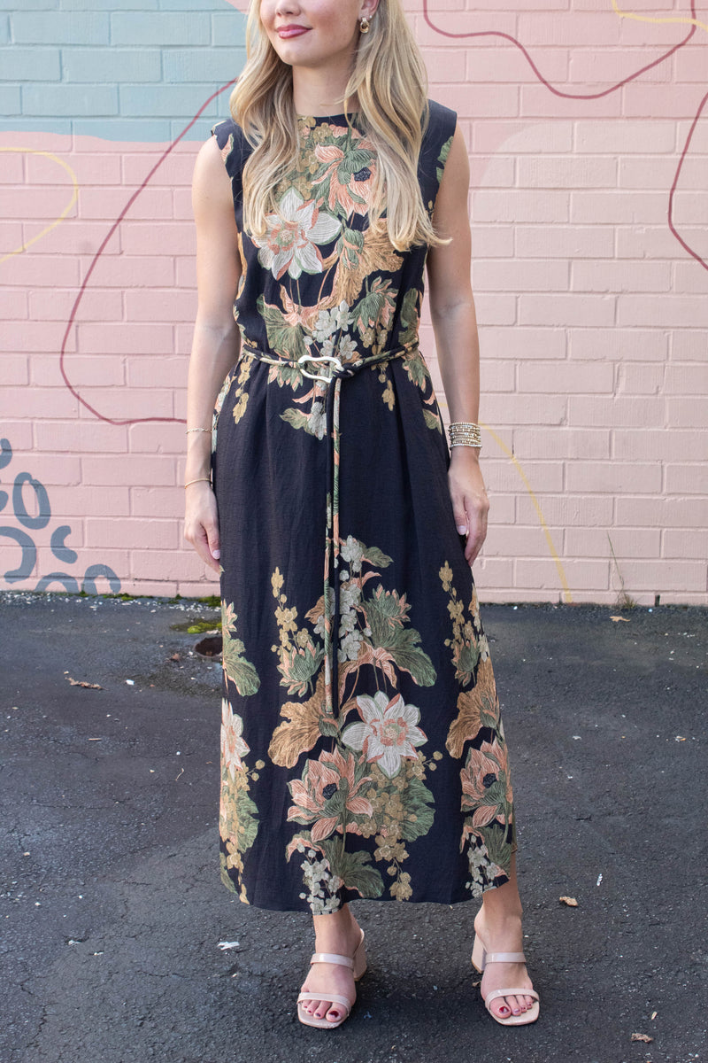 Alaina Floral Tie Waist Dress, Black