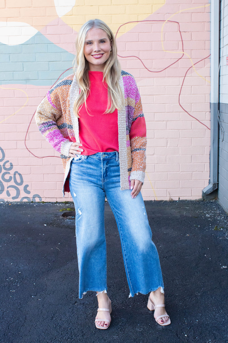 Frankie Oversized Color Block Cardigan, Fuchsia Mustard Multi