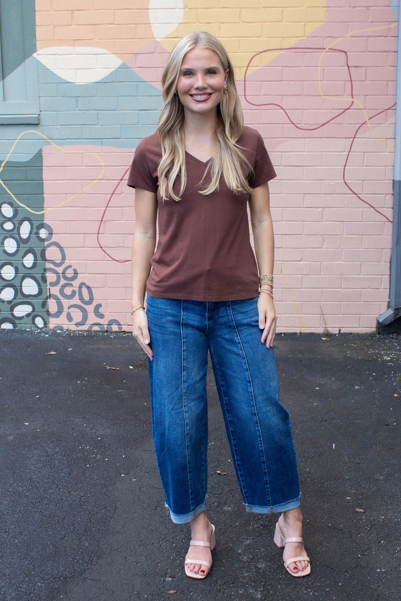 Tatum Cotton Jersey V-Neck Tee, Choco
