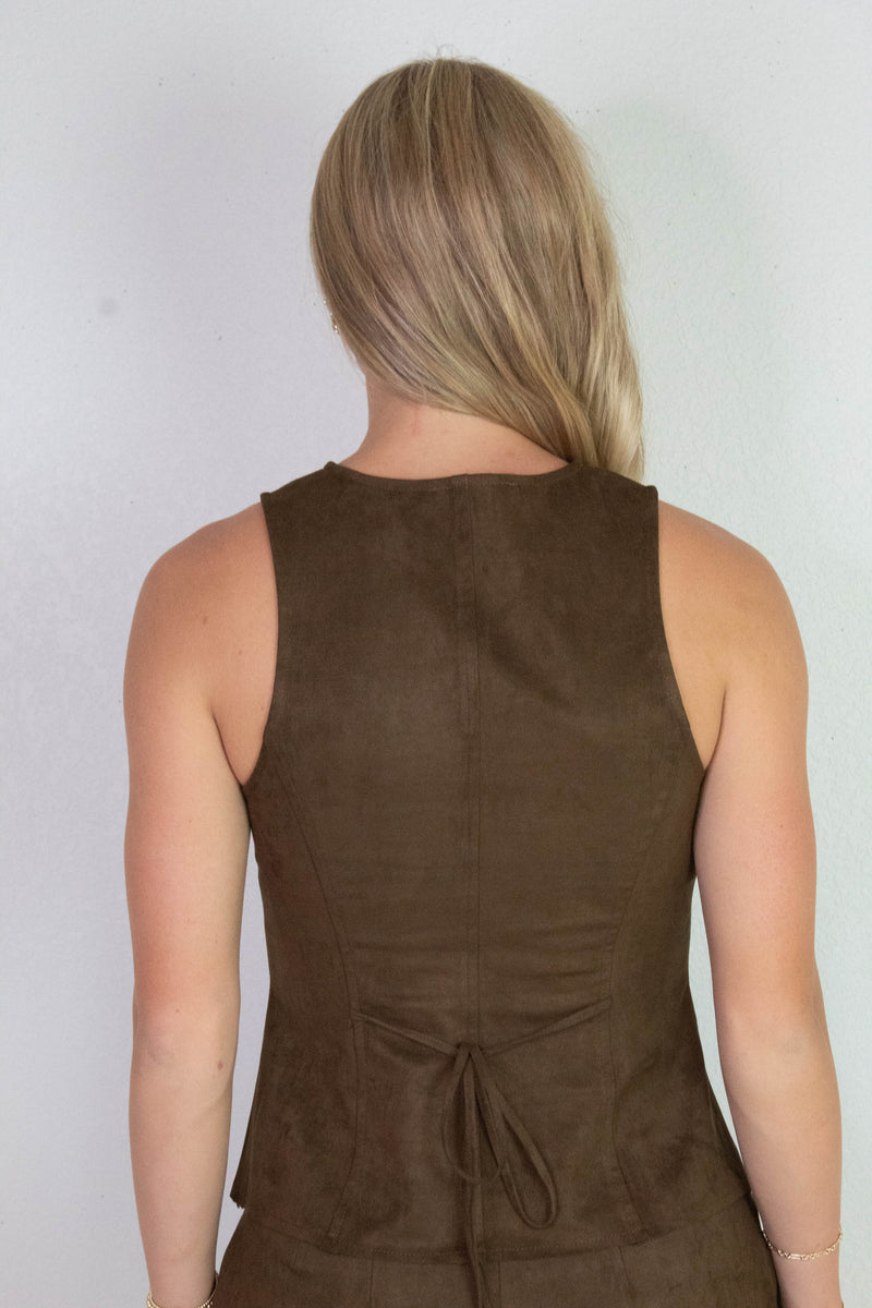 Liliana Button Front Suede Vest, Dark Oak