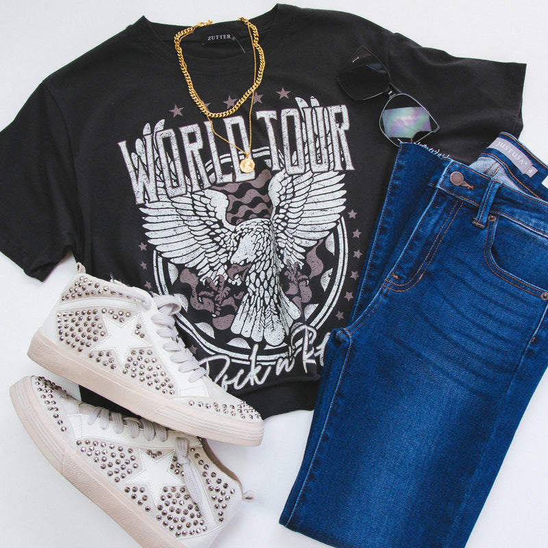 World Tour Cropped Graphic Tee, Black