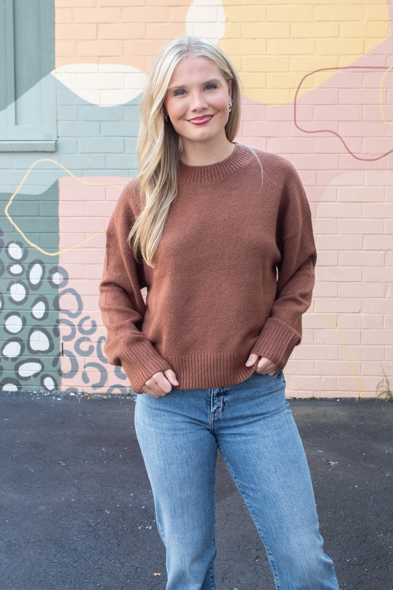 Madeline Pullover Crewneck Sweater, Chestnut