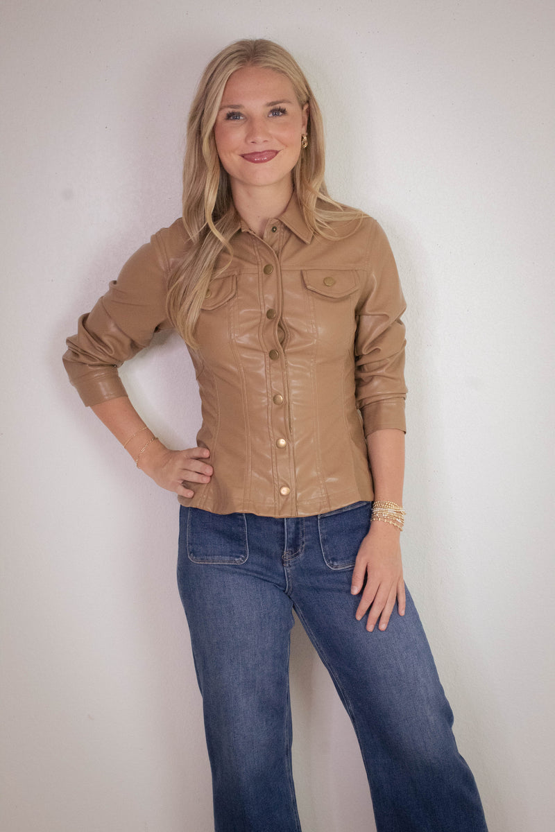 Penelope Faux Leather Peplum Jacket, Camel
