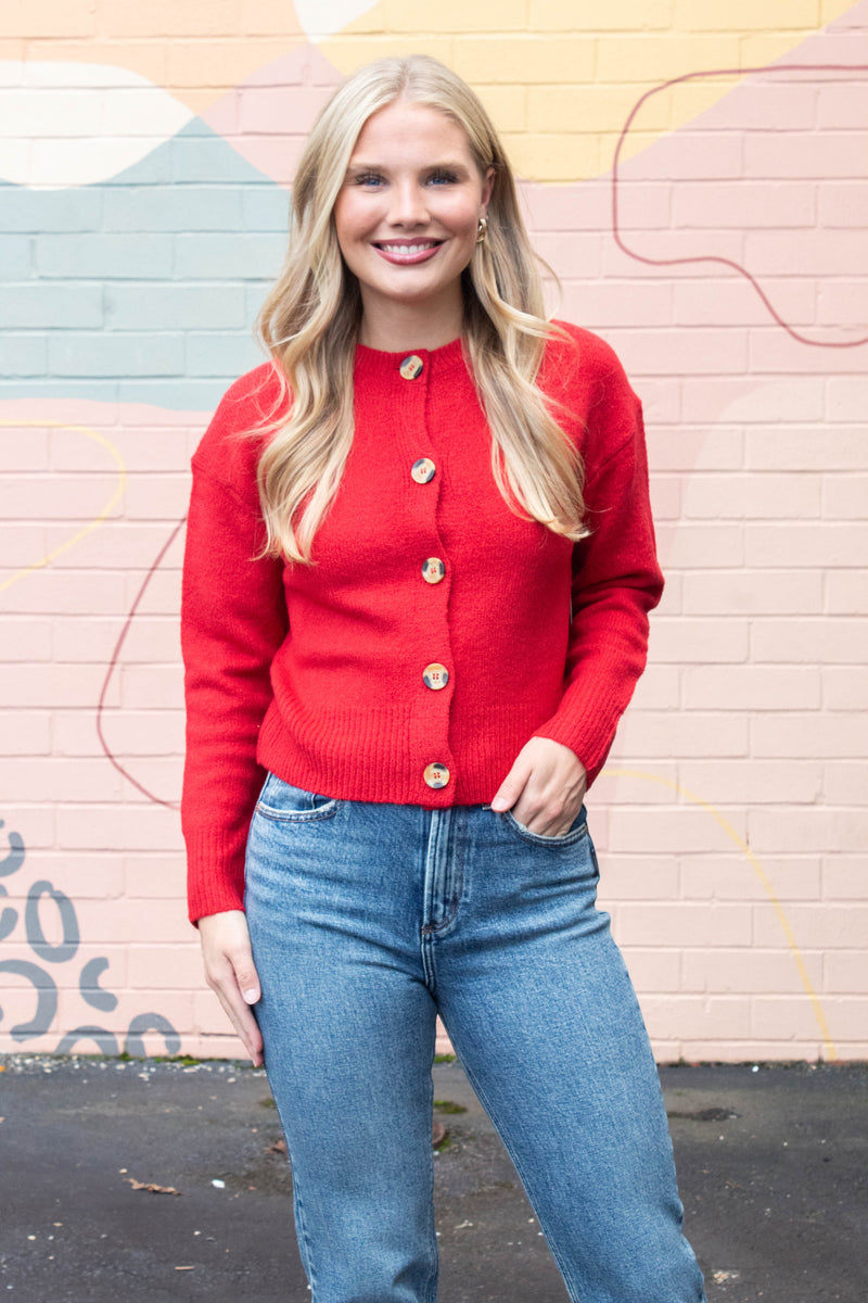 Kohana Crewneck Cardigan, Garnet | RD Style
