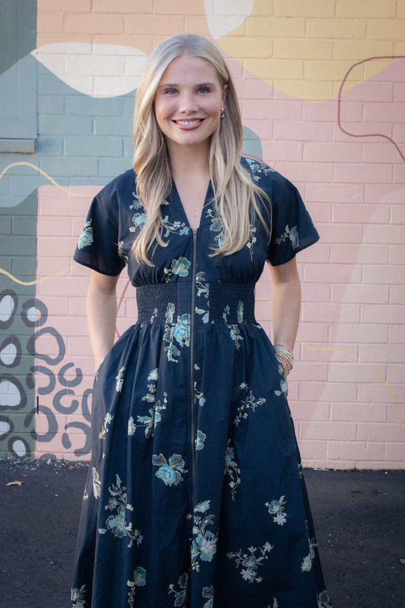 Ella Printed Zip Up Midi Dress, Black