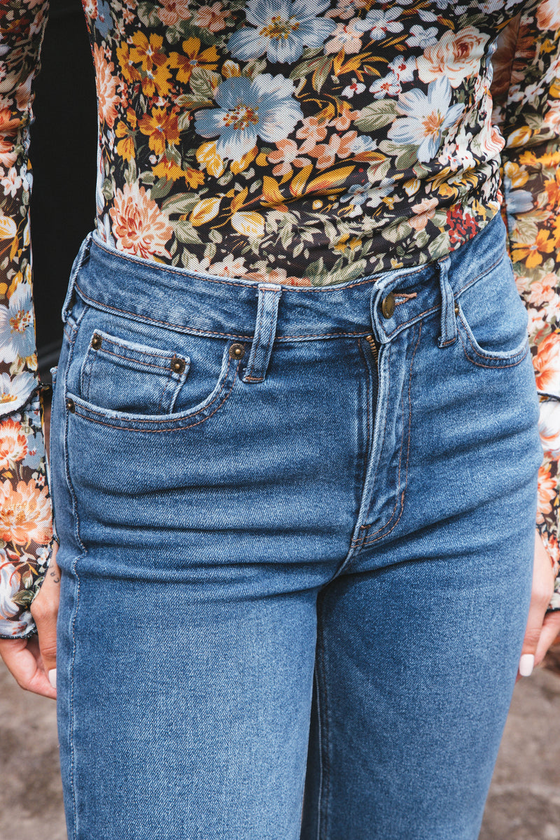 Samara Hem Detail Straight Leg Jeans, Dark Denim