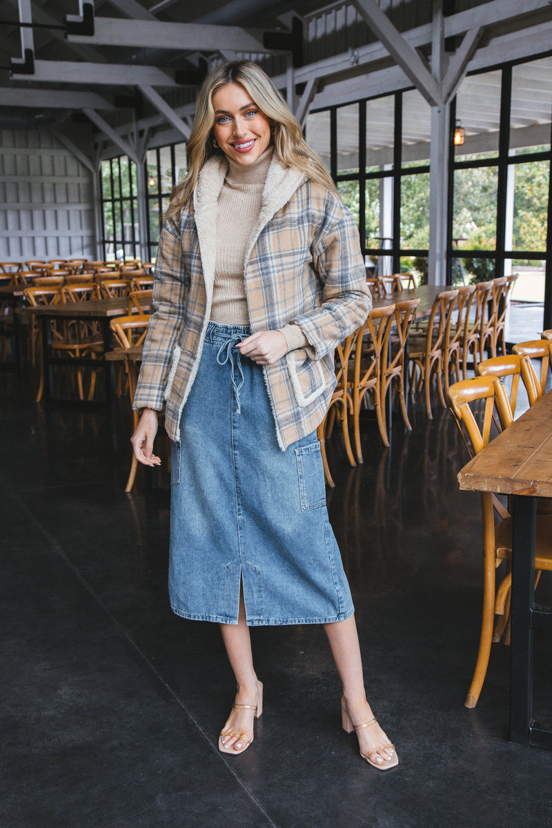 Isabel Plaid Reversible Faux Fur Jacket, Taupe Mix
