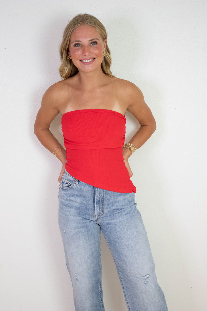 Sonia Asymmetrical Hem Foldover Top, Red