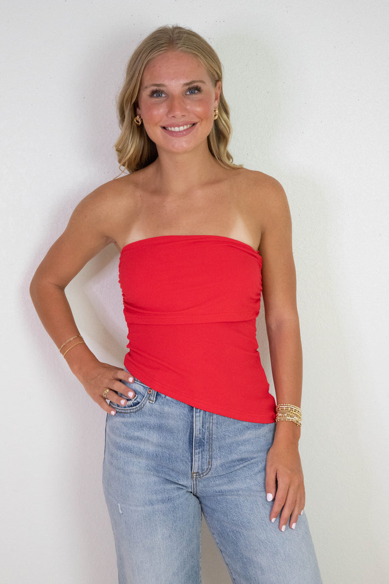 Sonia Asymmetrical Hem Foldover Top, Red