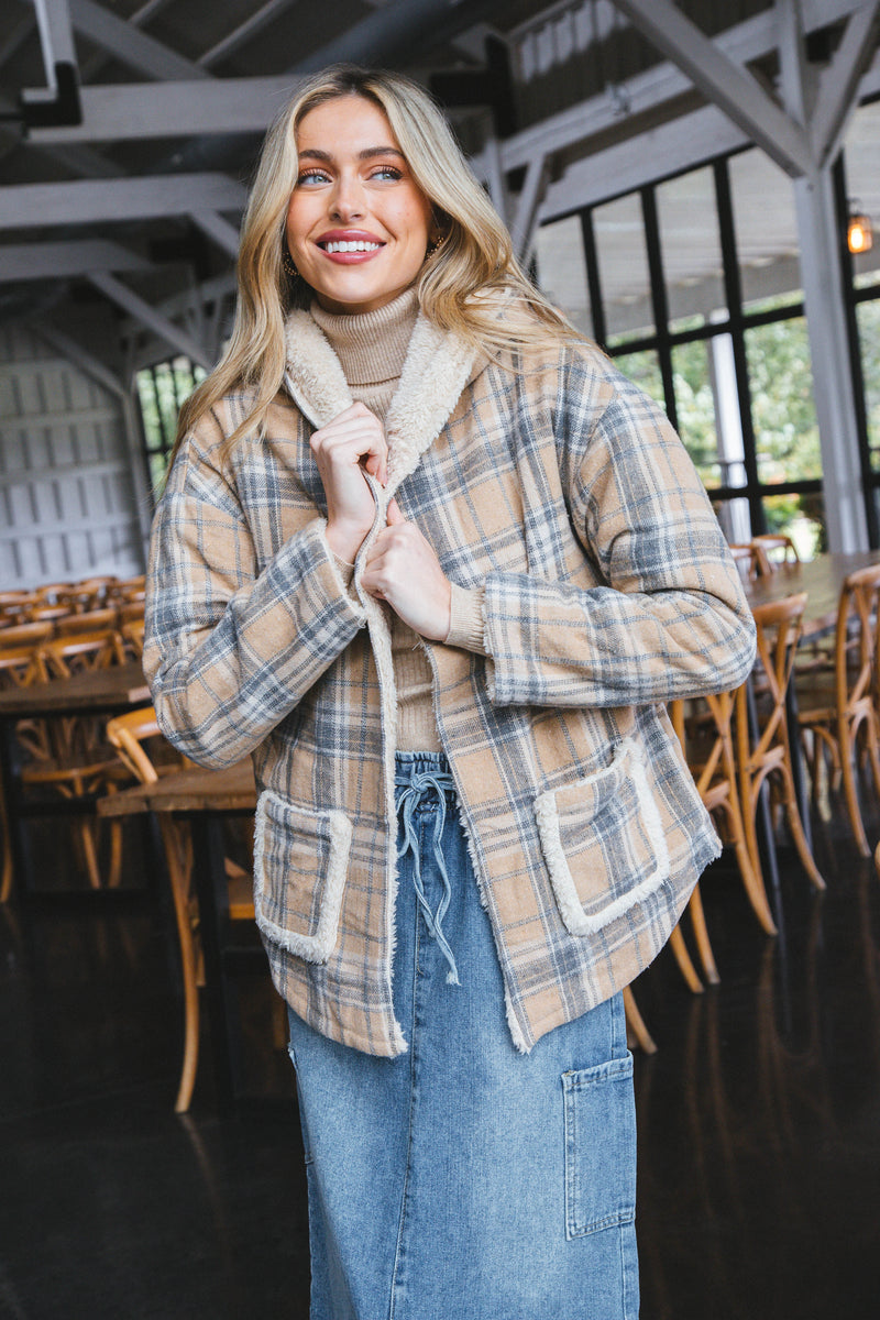 Isabel Plaid Reversible Faux Fur Jacket, Taupe Mix
