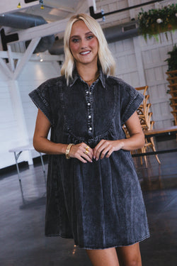 Brynlee Washed Denim Dress, Black