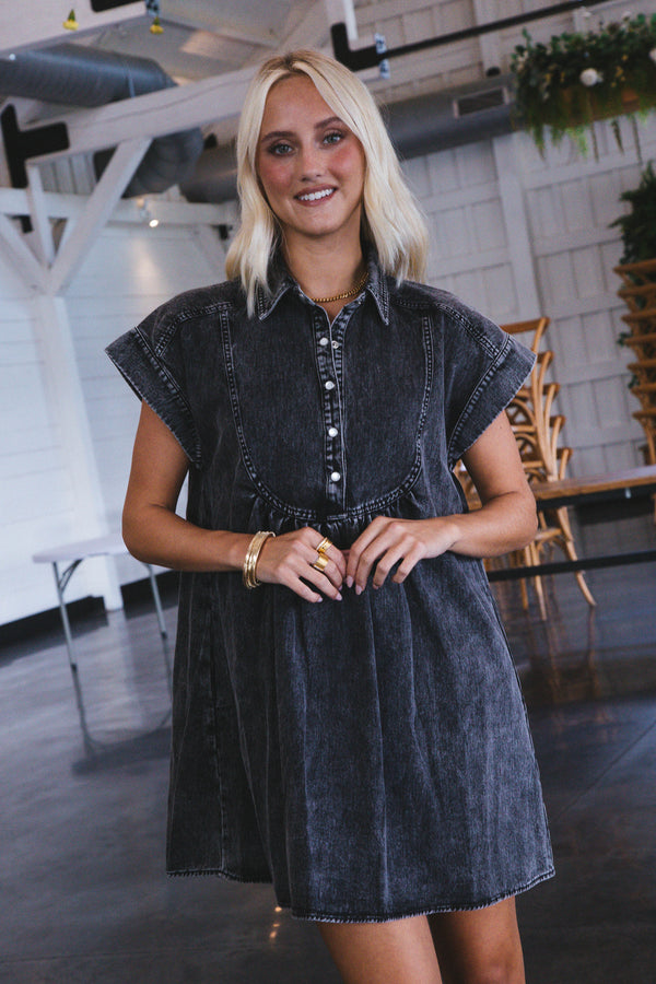 Brynlee Washed Denim Dress, Black