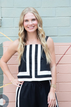 Kyra Contrast Abstract Border Top, Black