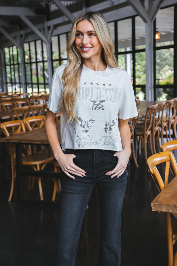 World Tour Cropped Graphic Tee, Antique White