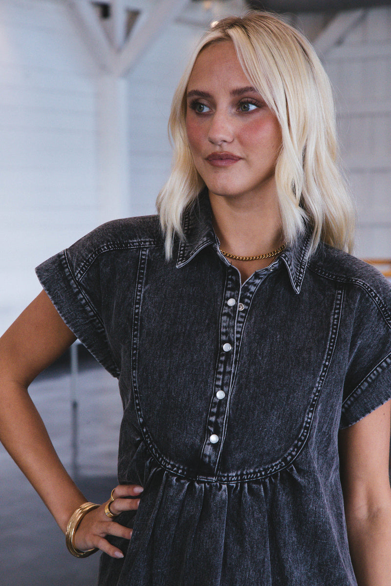 Brynlee Washed Denim Dress, Black