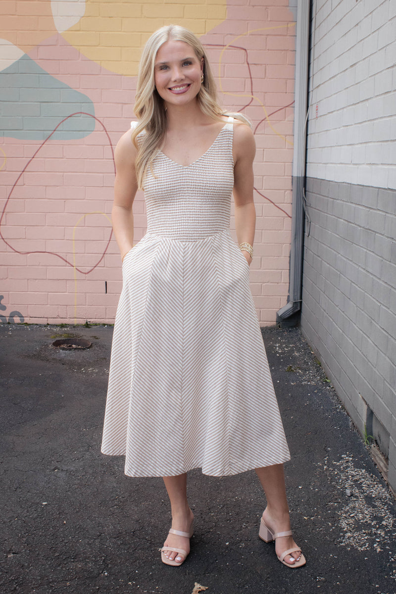 Eve Smocked Bodice Striped Dress, Taupe