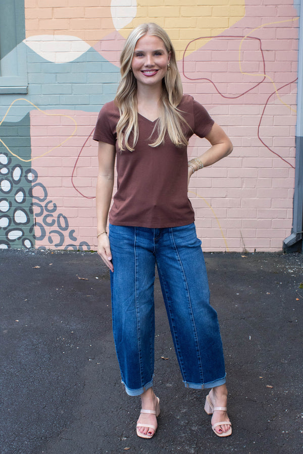 Tatum Cotton Jersey V-Neck Tee, Choco