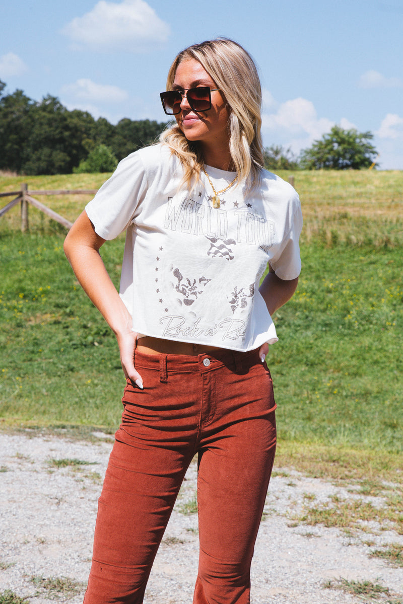 World Tour Cropped Graphic Tee, Antique White