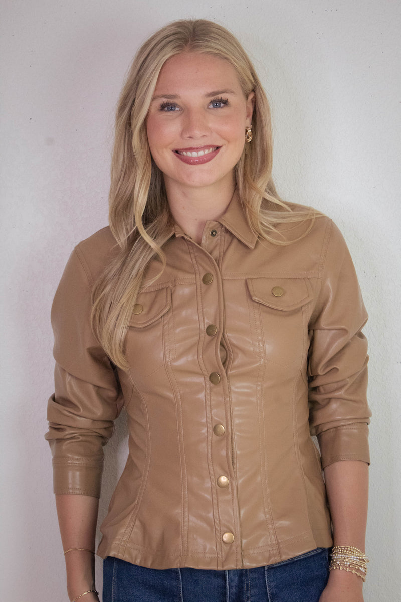 Penelope Faux Leather Peplum Jacket, Camel