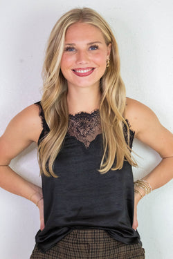 Georgina Lace Trim Satin Cami, Black