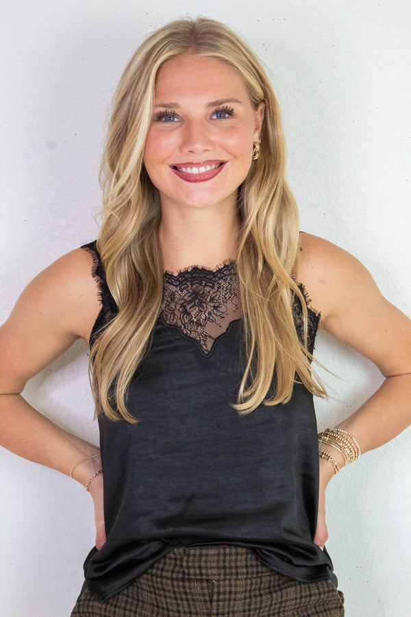 Georgina Lace Trim Satin Cami, Black