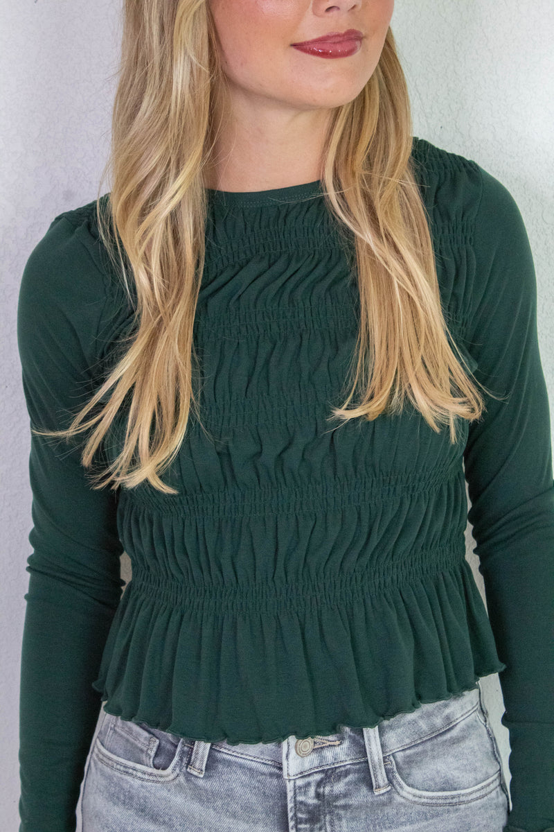 Elsie Round Neck Smocked Top, Dark Green