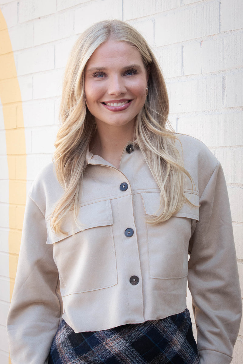 Monet Faux Suede Short Jacket, Sand Taupe