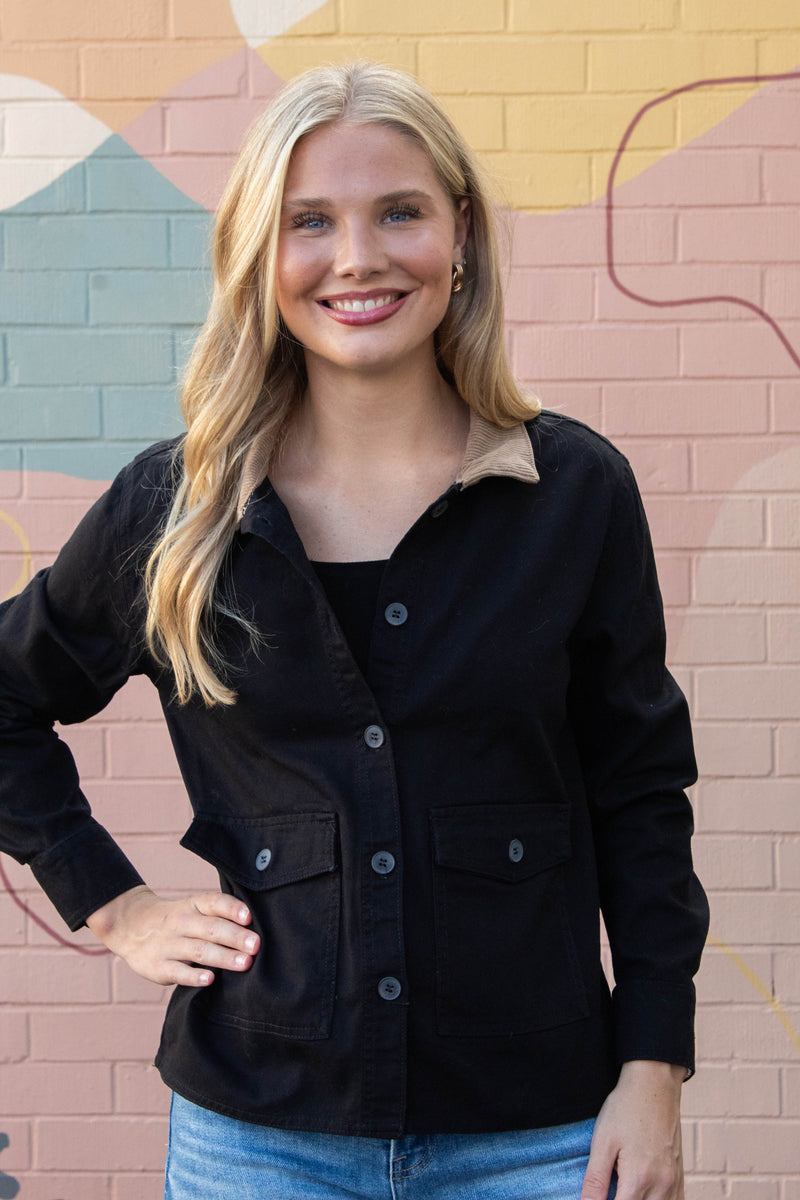 Elisabeth Corduroy Collared Work Jacket, Black