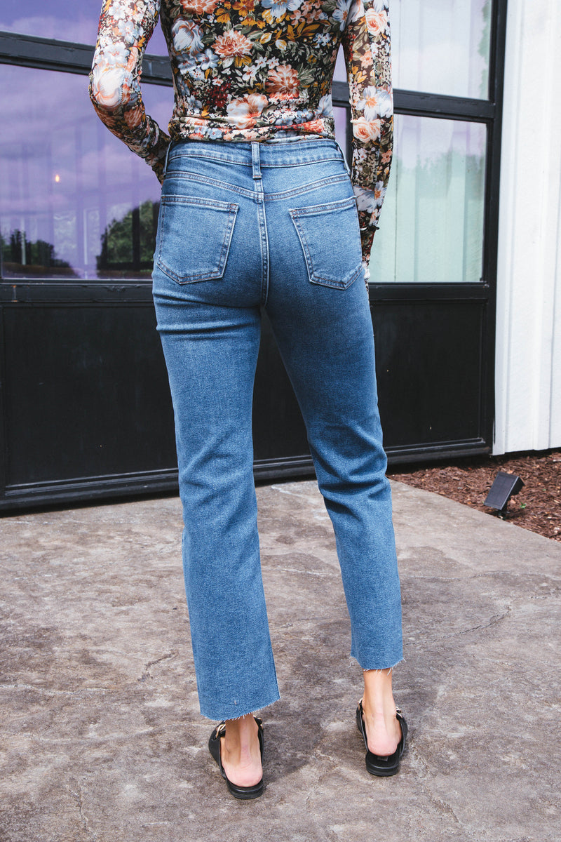 Samara Hem Detail Straight Leg Jeans, Dark Denim