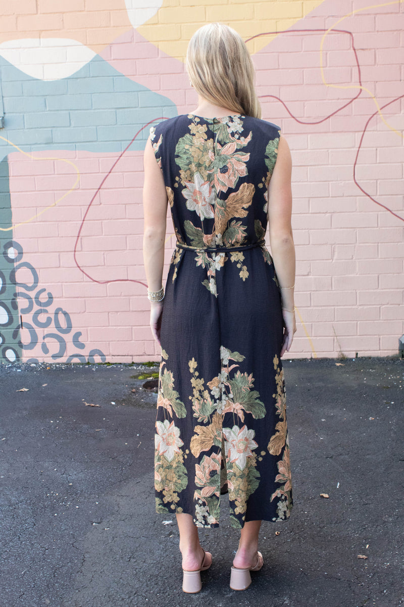 Alaina Floral Tie Waist Dress, Black
