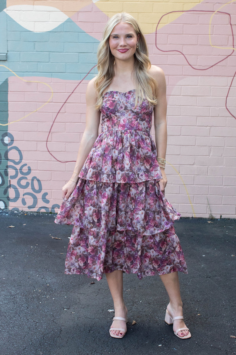 Scottie Tiered Ruffle Dress, Beige/Pink Floral
