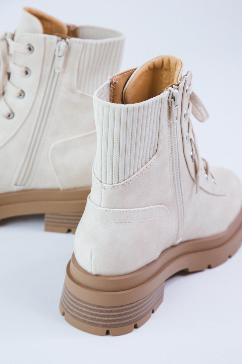 Amina Lace Up Rib Detail Combat Boot, Beige
