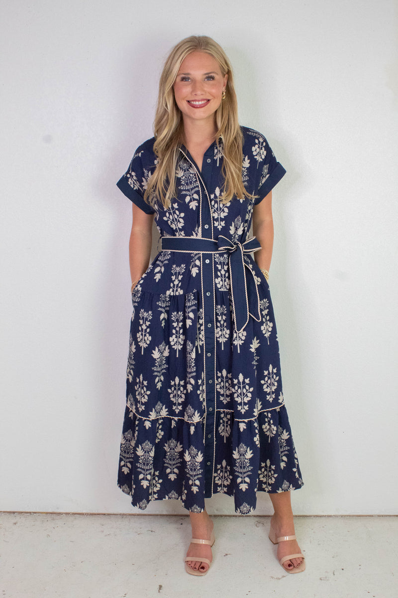 Margot Botanical Print Midi Dress, Navy