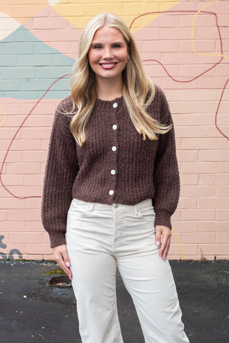 Emberly Fluffy Knit Cardigan, Chestnut