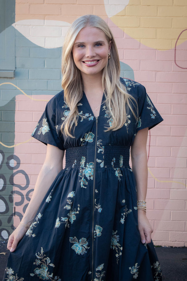 Ella Printed Zip Up Midi Dress, Black