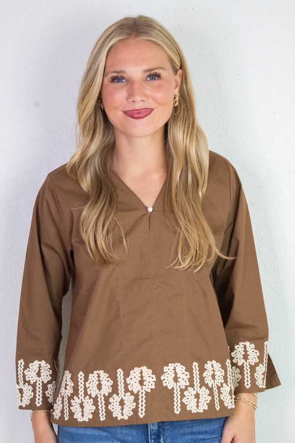 Katie 3D Floral Trim Accent Top, Mocha