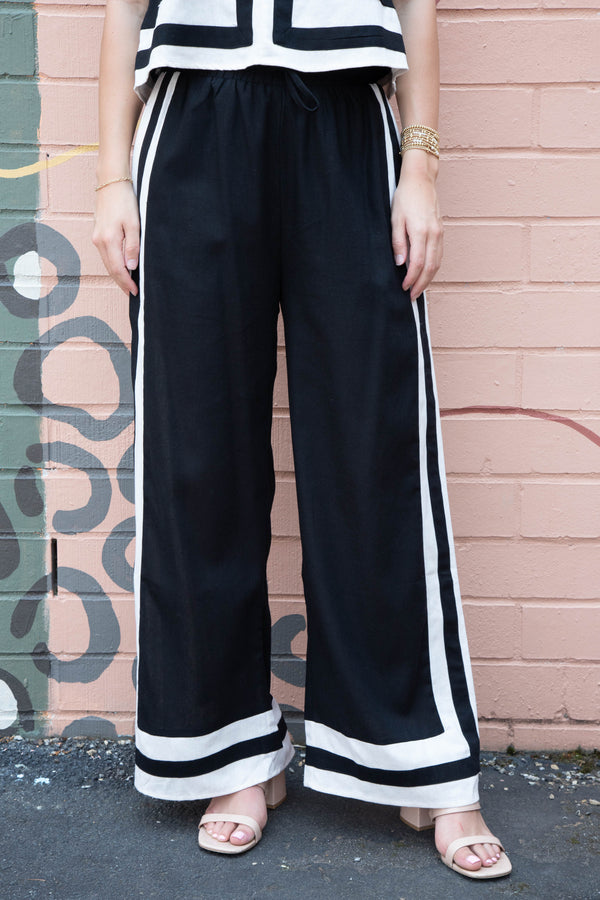 Kyra Contrast Abstract Border Pants, Black