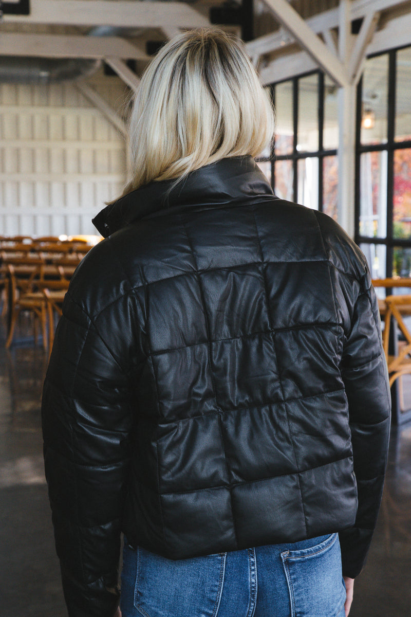 Leyla Faux Leather Puffer Jacket, Black