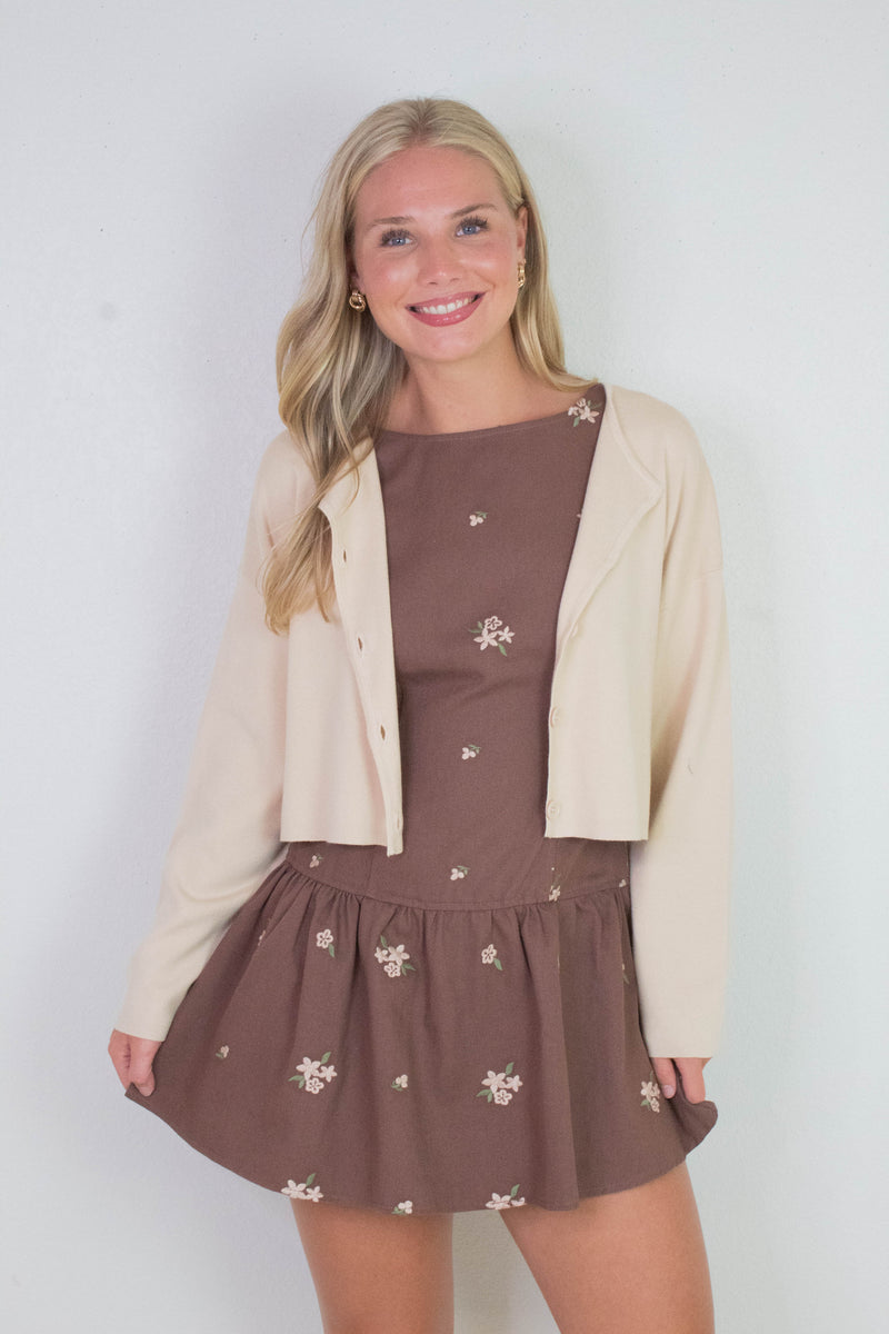 Hadley Floral Embroidered Shift Dress, Brown-Beige Floral