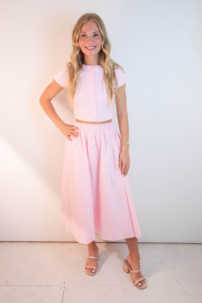 Ari Contrast Button Down Crop Top, Light Pink