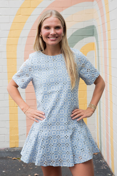Kaylani Peplum Hem Embroidered Dress, Blue – North & Main Clothing Company